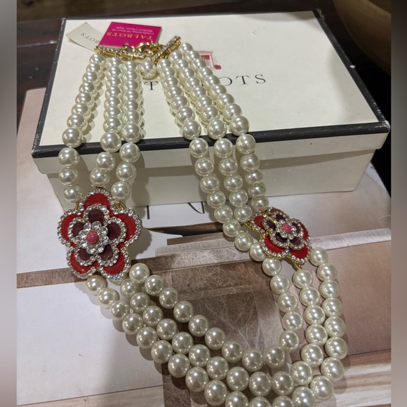 Talbots Faux Pearl Triple-Strand Necklace with Red Flower Accents - Picture 8 of 8